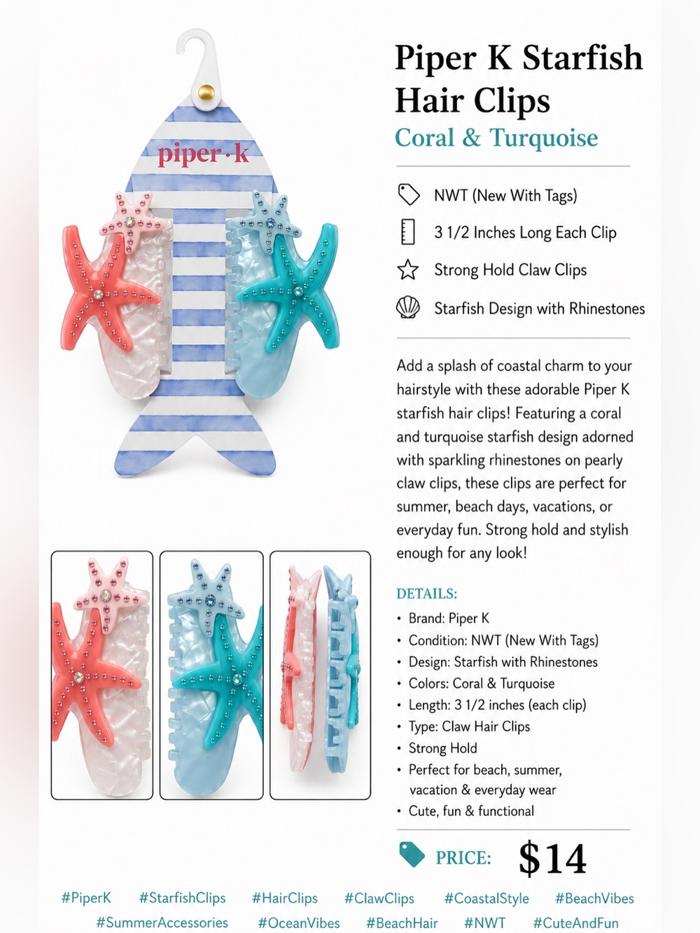 NWT Piper K  Coral & Turquoise Starfish Claw Hair Clips - Set of 2